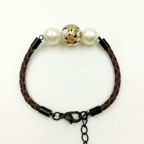 White Pearl Gold leaf White Bead on Brown Leather,  - MRNEIO LLC